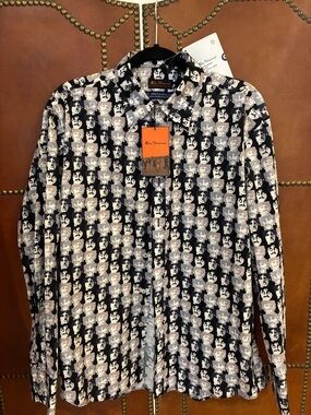 Ben Sherman Beatles Black and White Graphic Face-Pattern Button-Down Shirt